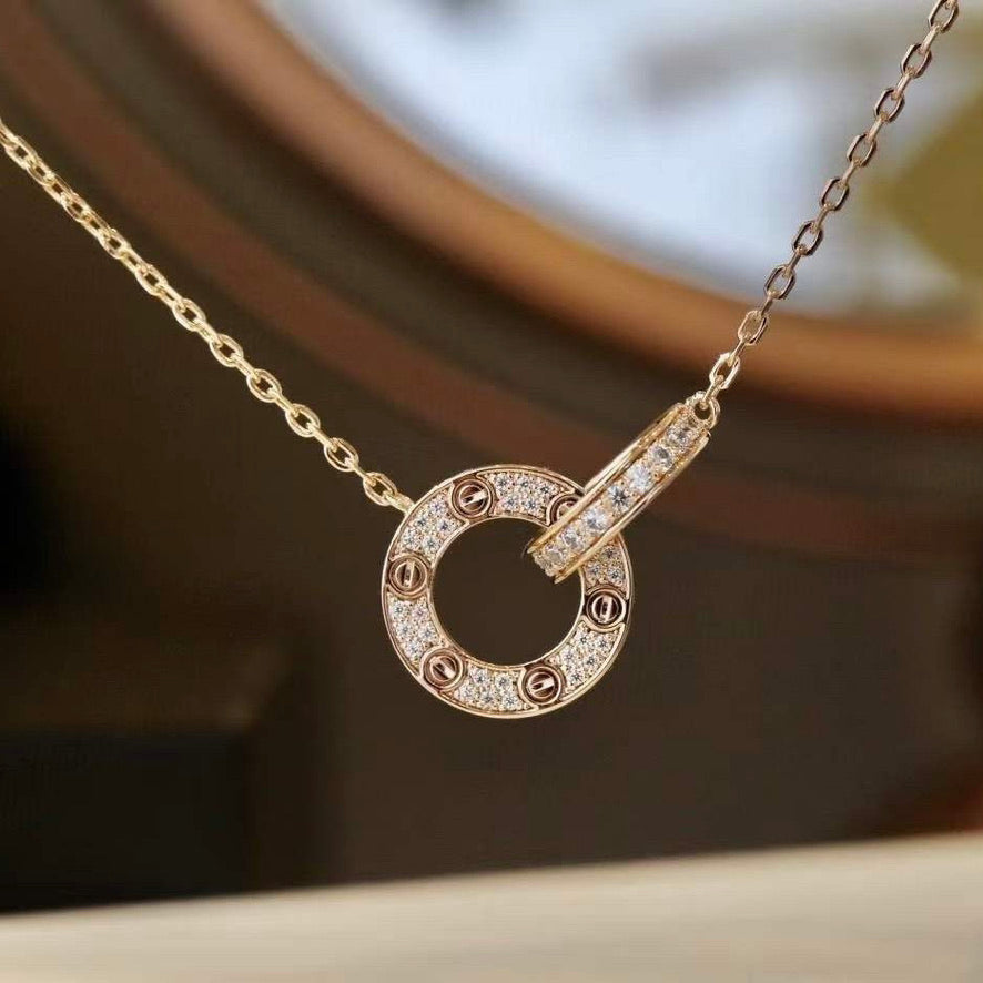 [Revel Jewelry]LOVE 7.6MM NECKLACE ROSE GOLD AND SILVER  FULL DIAMOND