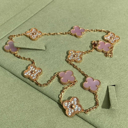 [Revel Jewelry]CLOVER 10 MOTIFS DIAMOND PINK MOP NECKLACE
