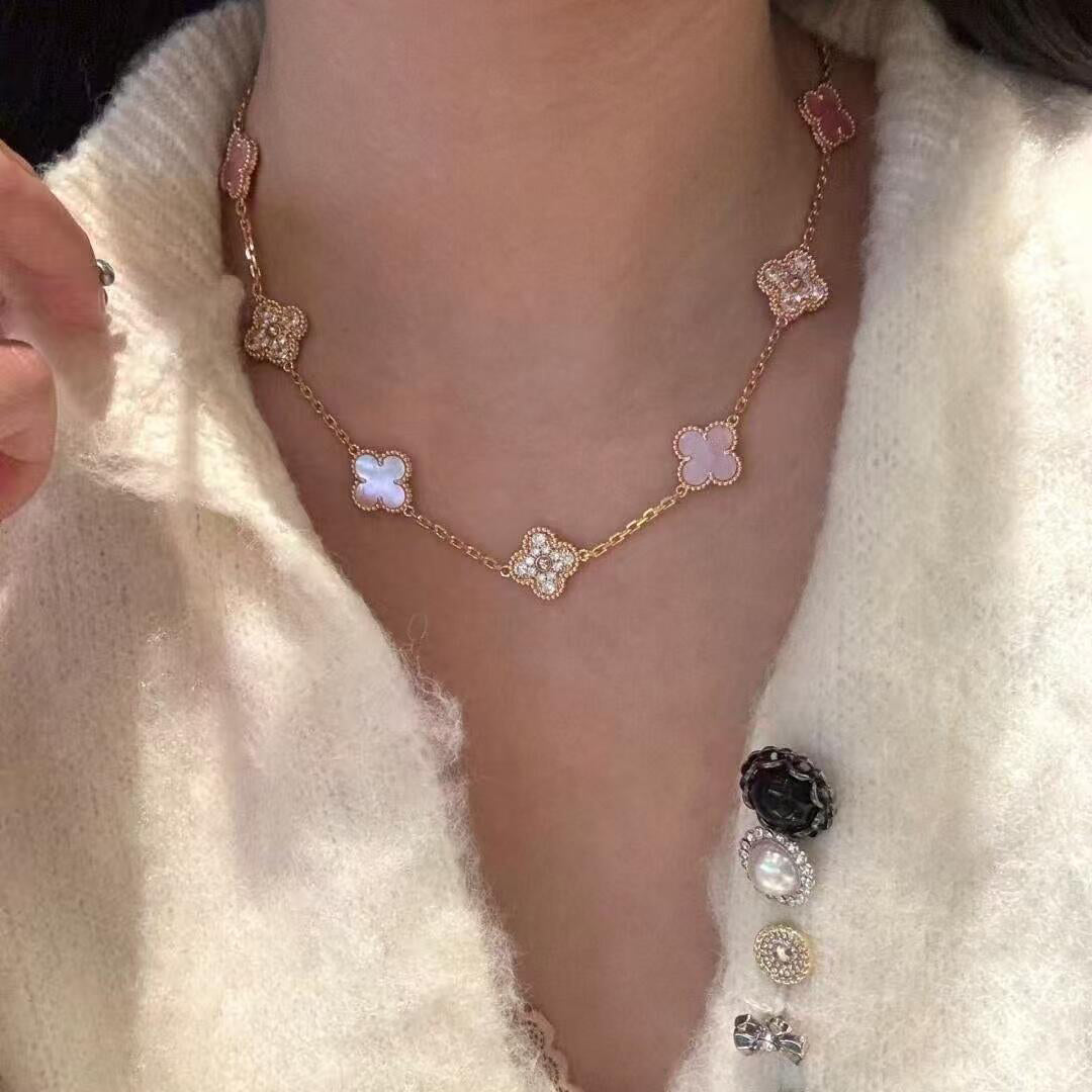 [Revel Jewelry]CLOVER 10 MOTIFS DIAMOND PINK MOP NECKLACE
