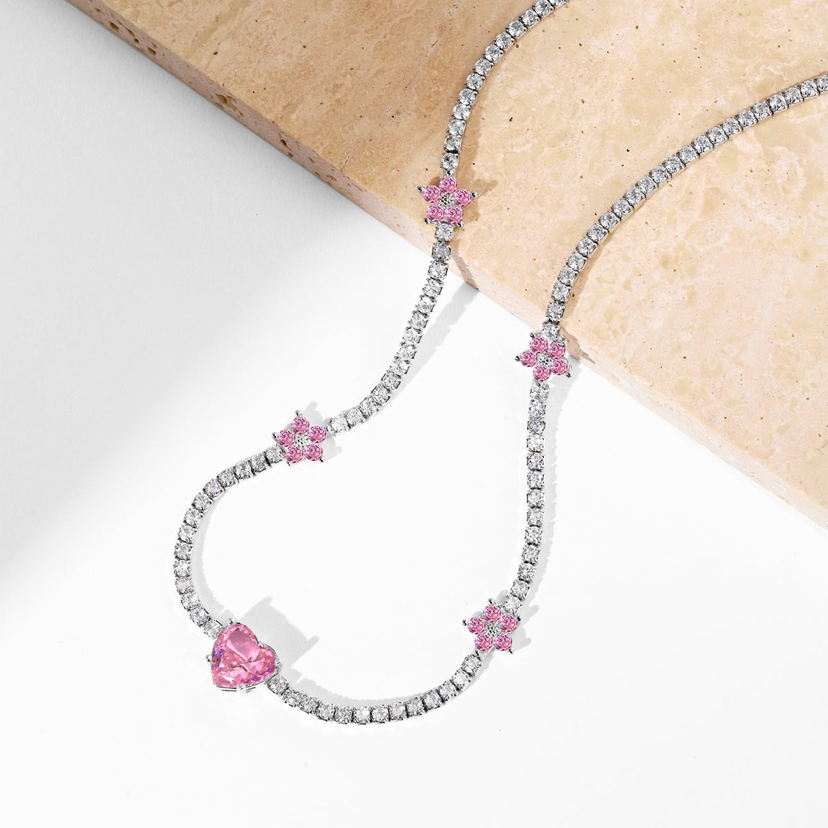 [Revel Jewelry]Dazzling Pink Heart Flower Necklace