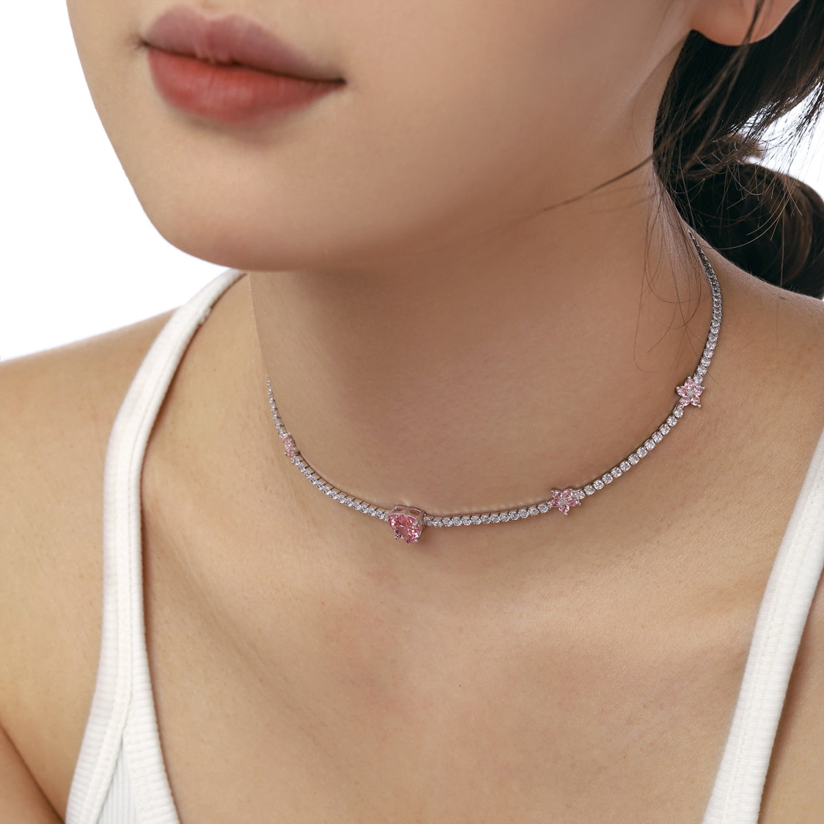 [Revel Jewelry]Dazzling Pink Heart Flower Necklace