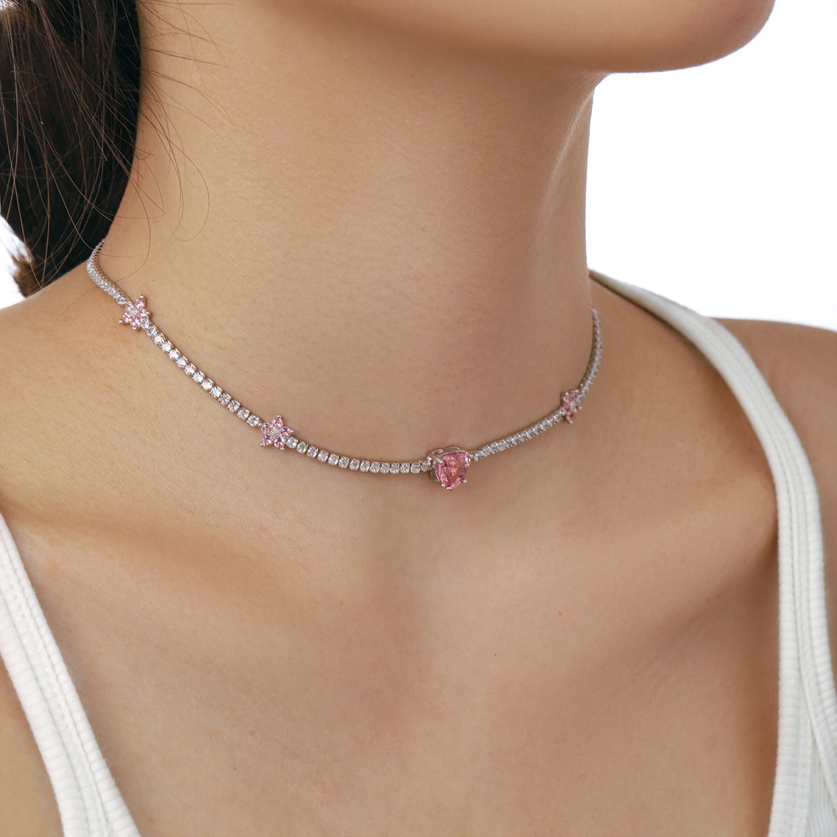 [Revel Jewelry]Dazzling Pink Heart Flower Necklace