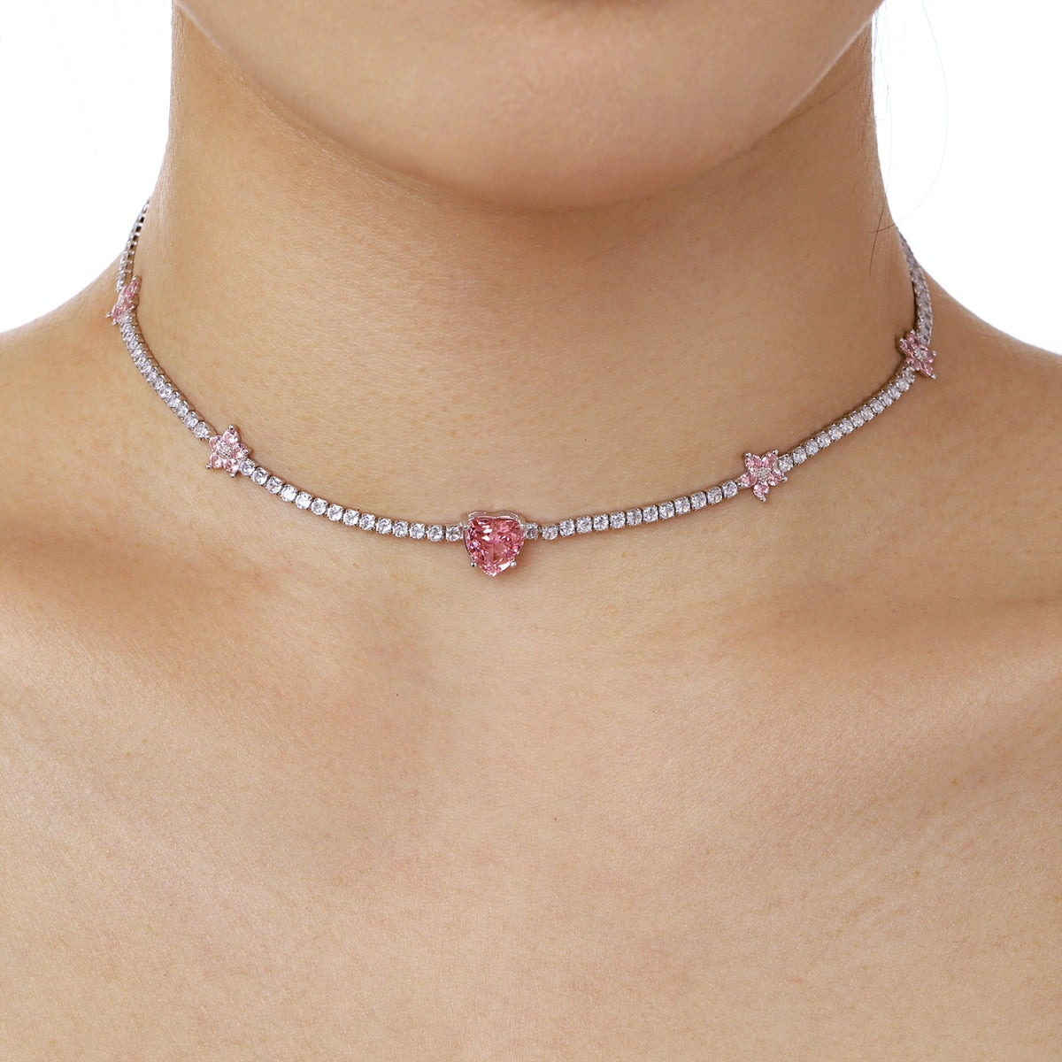 [Revel Jewelry]Dazzling Pink Heart Flower Necklace