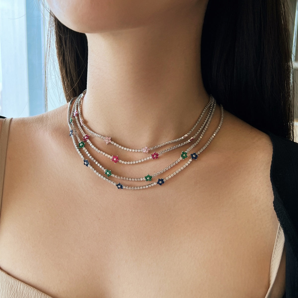 [Revel Jewelry]Luxuriöse Bunte Blumen-Tennis-Halskette