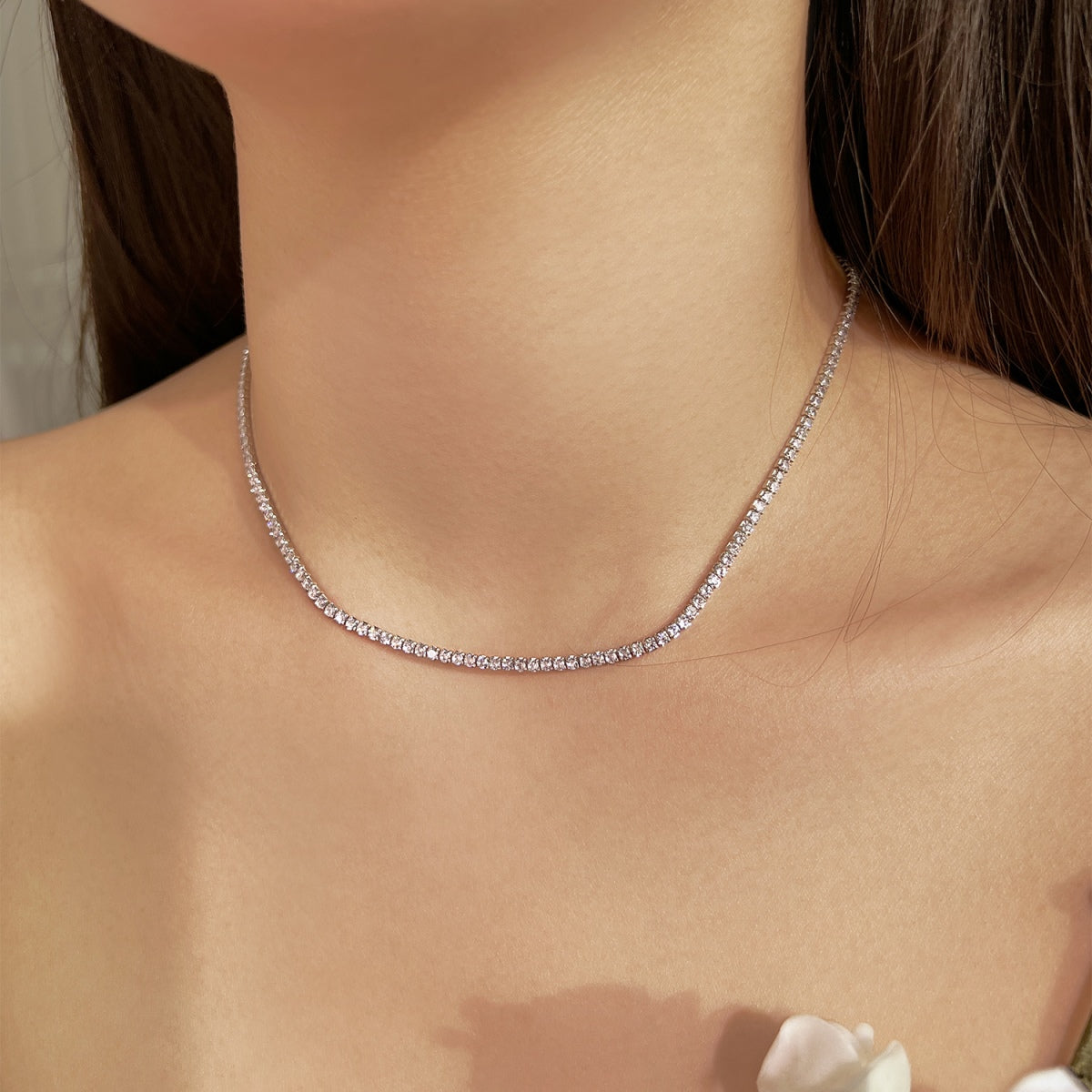 [Revel Jewelry]Delicate Round Shape Tennis Necklace