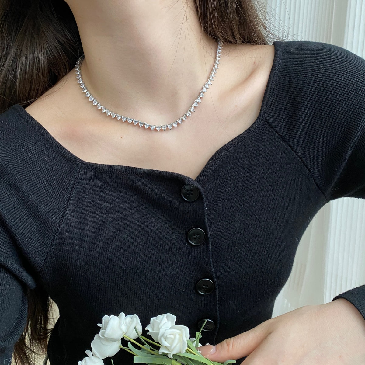 [Revel Jewelry]Tennis-Halskette mit herzförmigem Schliff und Verzierungen