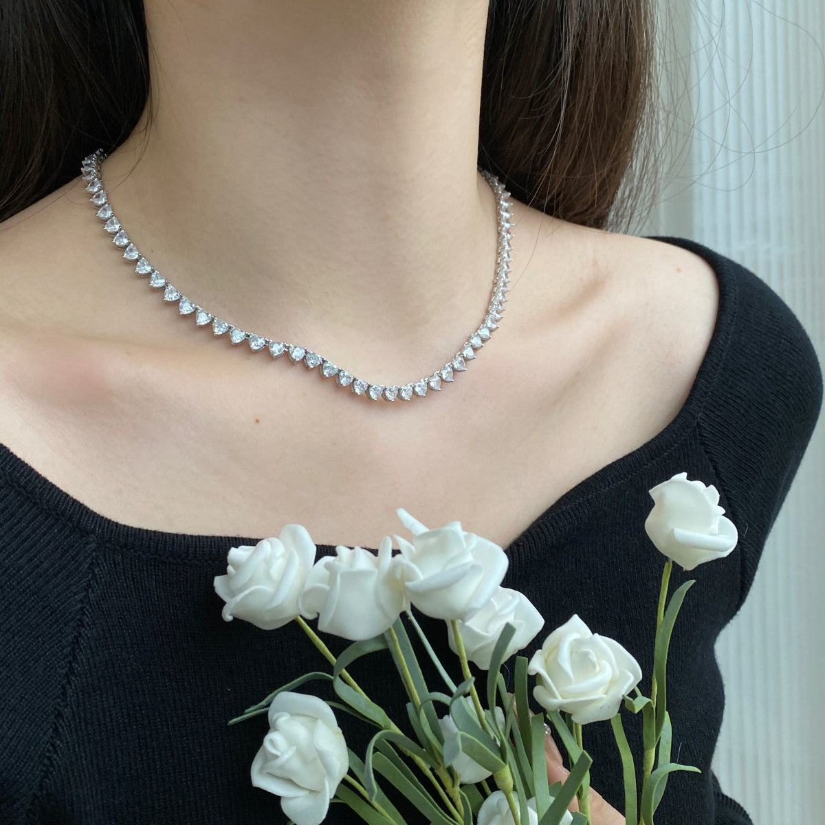 [Revel Jewelry]Tennis-Halskette mit herzförmigem Schliff und Verzierungen