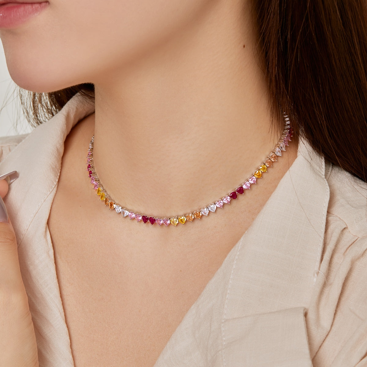 [Revel Jewelry]Funkelnde Bunte Volle Herz-Tennis-Halskette