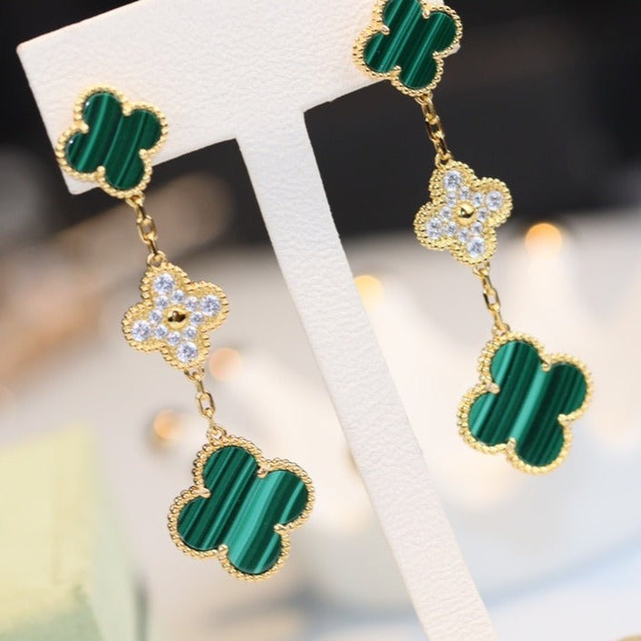 [Revel Jewelry]クローバー イヤリング ゴールド マラカイト ダイヤモンド 3モチーフ