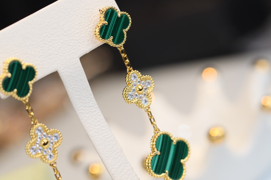 [Revel Jewelry]クローバー イヤリング ゴールド マラカイト ダイヤモンド 3モチーフ