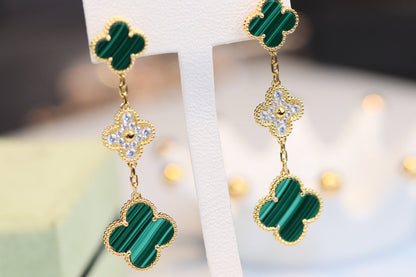 [Revel Jewelry]クローバー イヤリング ゴールド マラカイト ダイヤモンド 3モチーフ