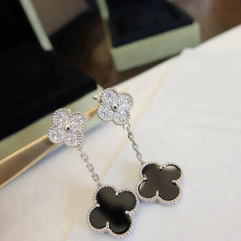[Revel Jewelry]CLOVER 2 MOTIFS  DIAMOND ONYX EARRINGS SILVER