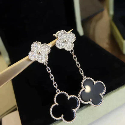 [Revel Jewelry]CLOVER 2 MOTIFS  DIAMOND ONYX EARRINGS SILVER