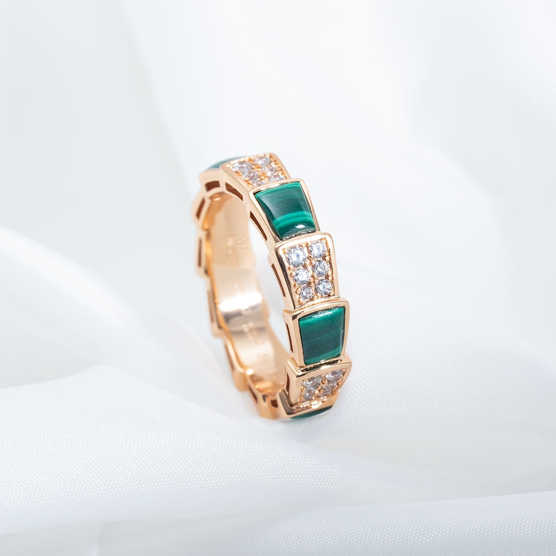 [Revel]SERPENTI RING PINK GOLD MALACHITE DIAMOND PAVED 4MM