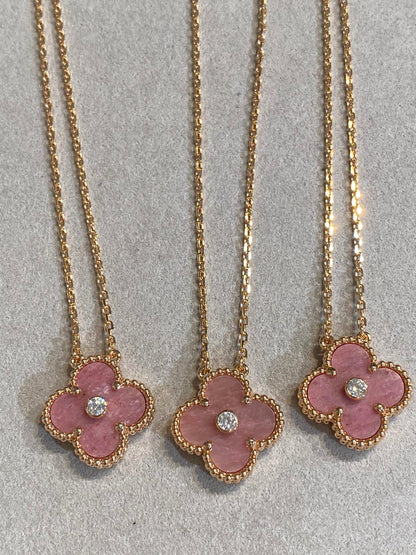 [Revel Jewelry]CLOVER 15MM DIAMOND RHODONITE NECKLACE