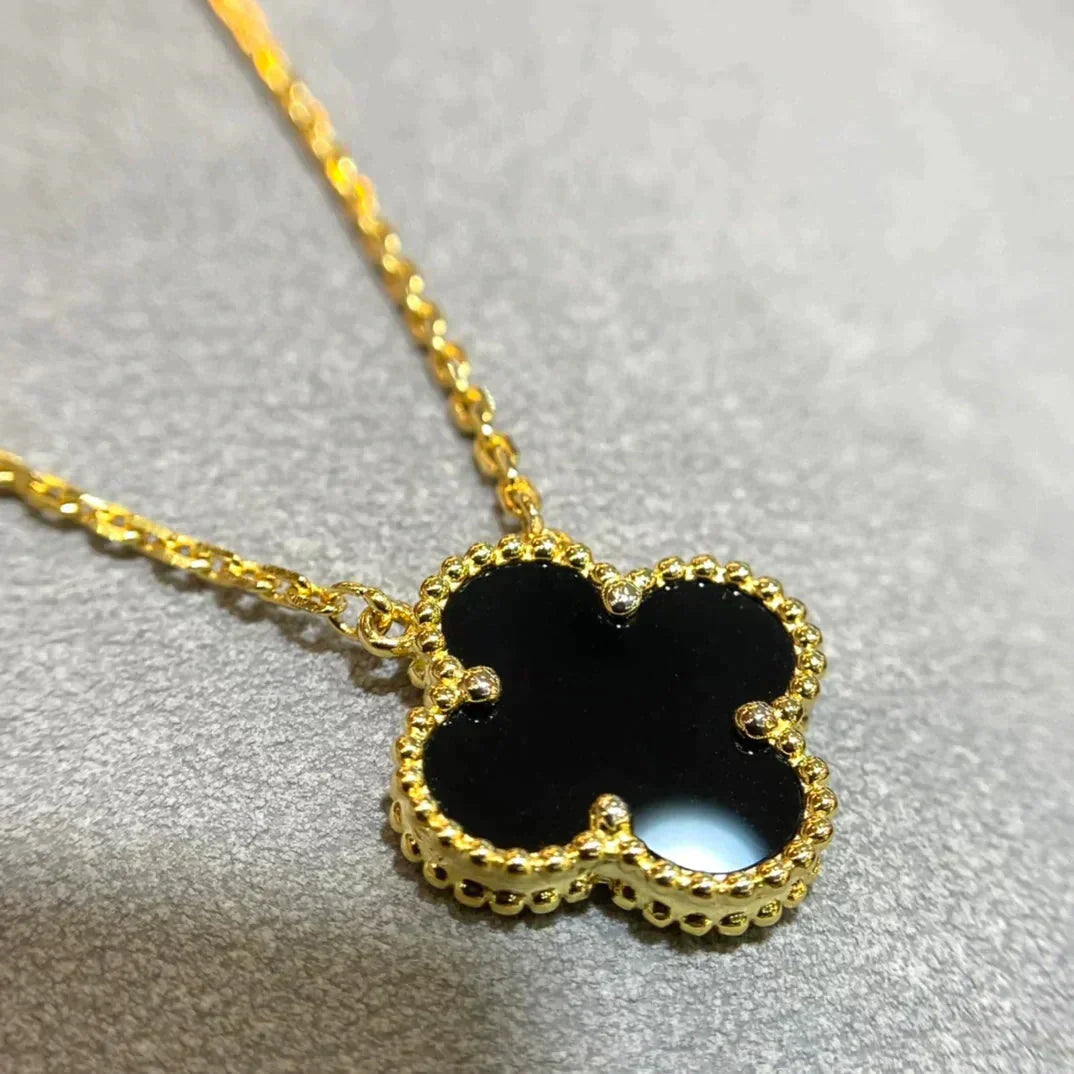 [Revel Jewelry]CLOVER 15MM BLACK ONYX SINGLE FLOWER NECKLACE