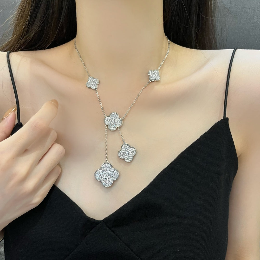 [Revel Jewelry]CLOVER 5 MOTIFS SILVER DIAMONDS NECKLACE