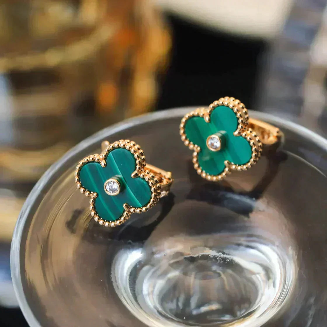 [Revel Jewelry]CLOVER MEDIUM 1 MOTIFS MALACHITE DIAMOND EARRINGS