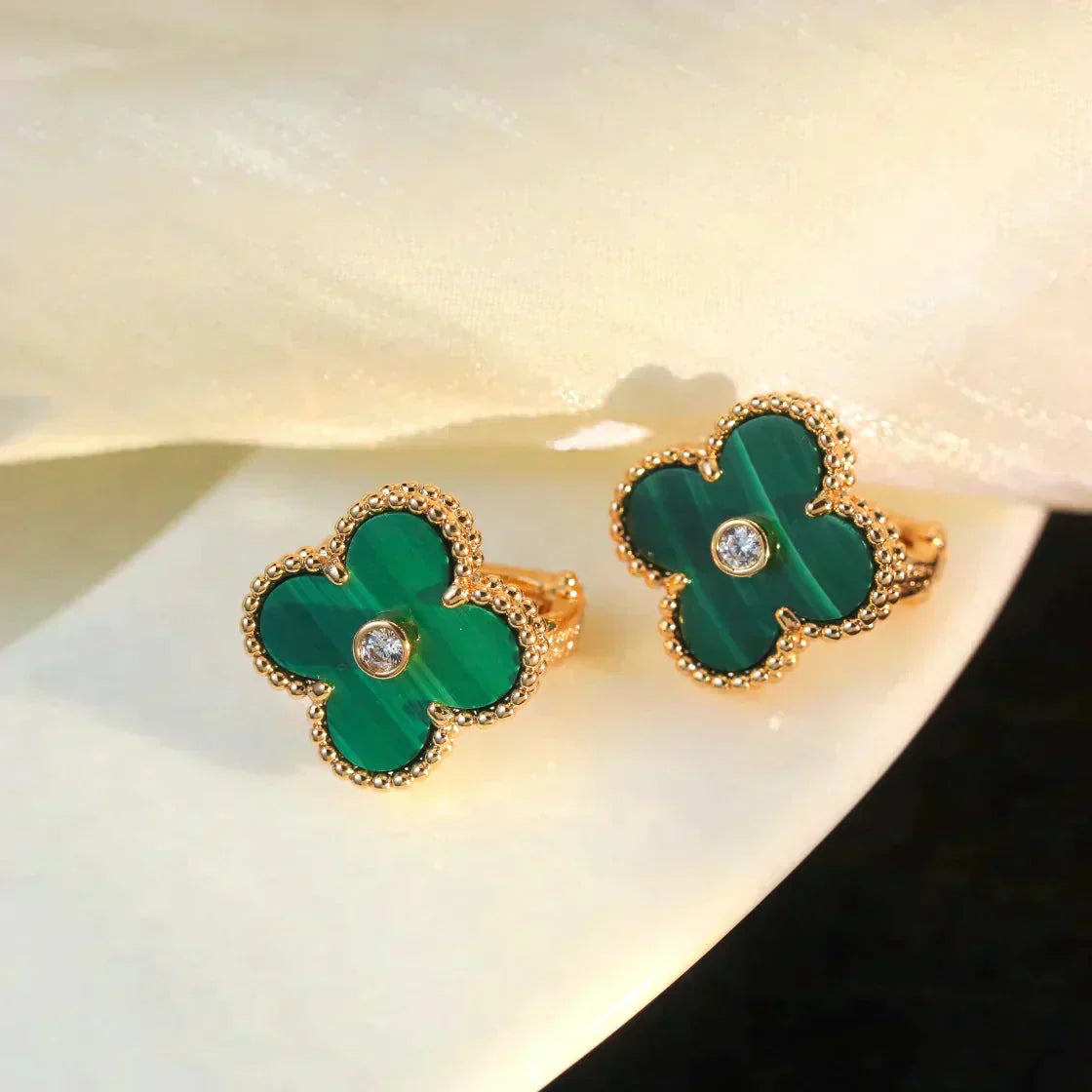 [Revel Jewelry]CLOVER MEDIUM 1 MOTIFS MALACHITE DIAMOND EARRINGS