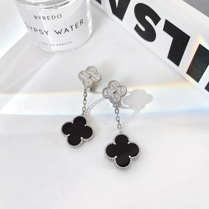 [Revel Jewelry]CLOVER 2 MOTIFS  DIAMOND ONYX EARRINGS SILVER