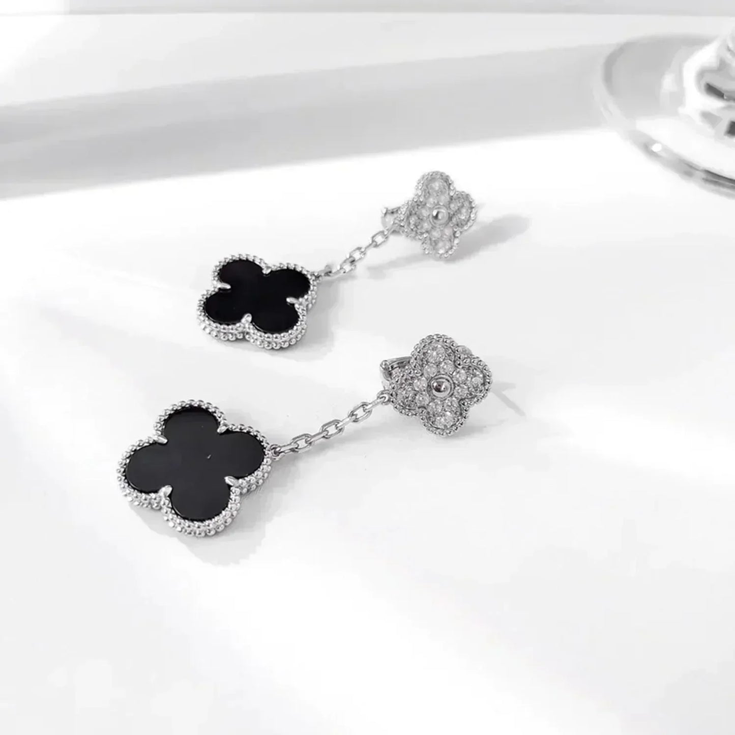 [Revel Jewelry]CLOVER 2 MOTIFS  DIAMOND ONYX EARRINGS SILVER