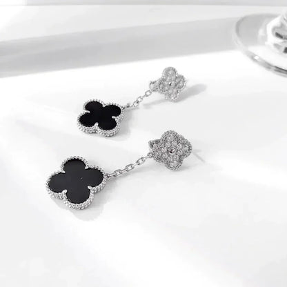 [Revel Jewelry]CLOVER 2 MOTIFS  DIAMOND ONYX EARRINGS SILVER