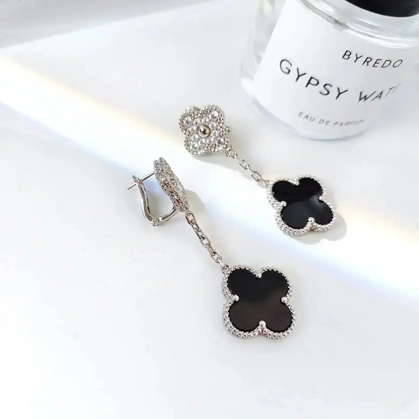 [Revel Jewelry]CLOVER 2 MOTIFS  DIAMOND ONYX EARRINGS SILVER