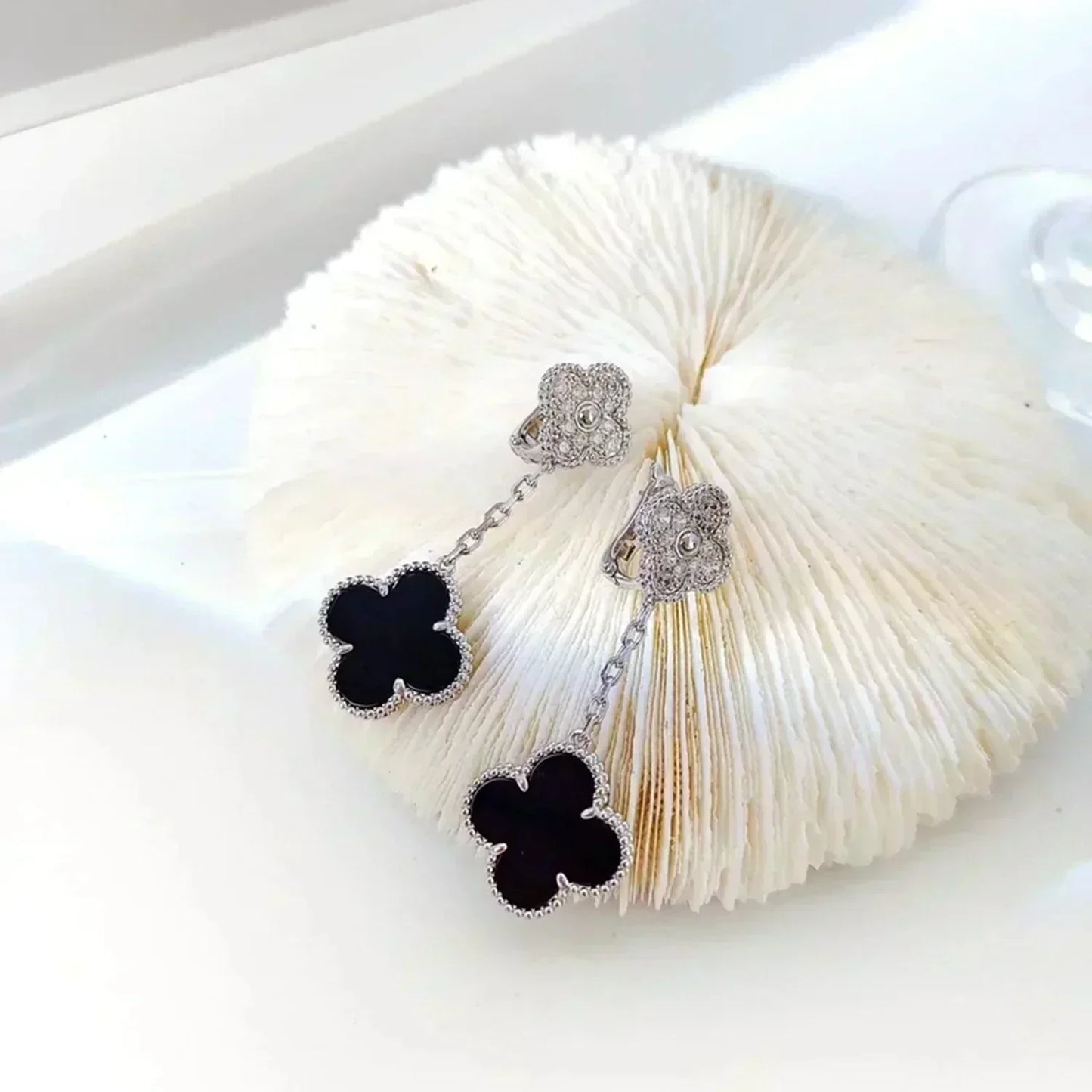 [Revel Jewelry]CLOVER 2 MOTIFS  DIAMOND ONYX EARRINGS SILVER