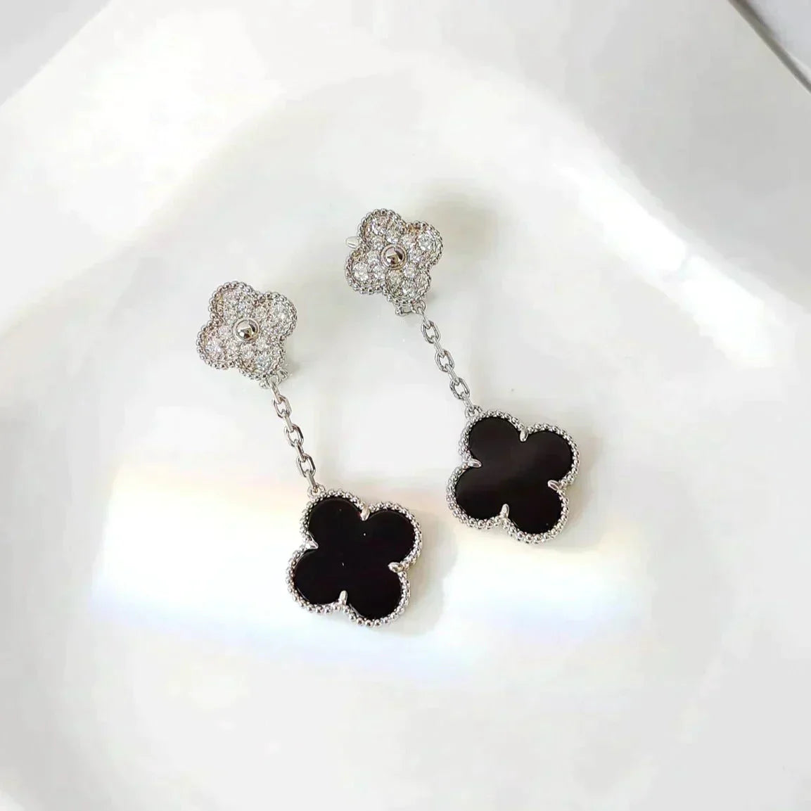 [Revel Jewelry]CLOVER 2 MOTIFS  DIAMOND ONYX EARRINGS SILVER