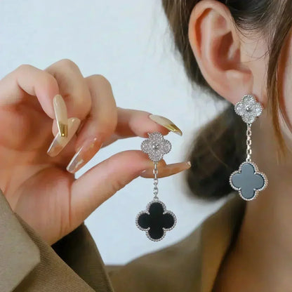 [Revel Jewelry]CLOVER 2 MOTIFS  DIAMOND ONYX EARRINGS SILVER