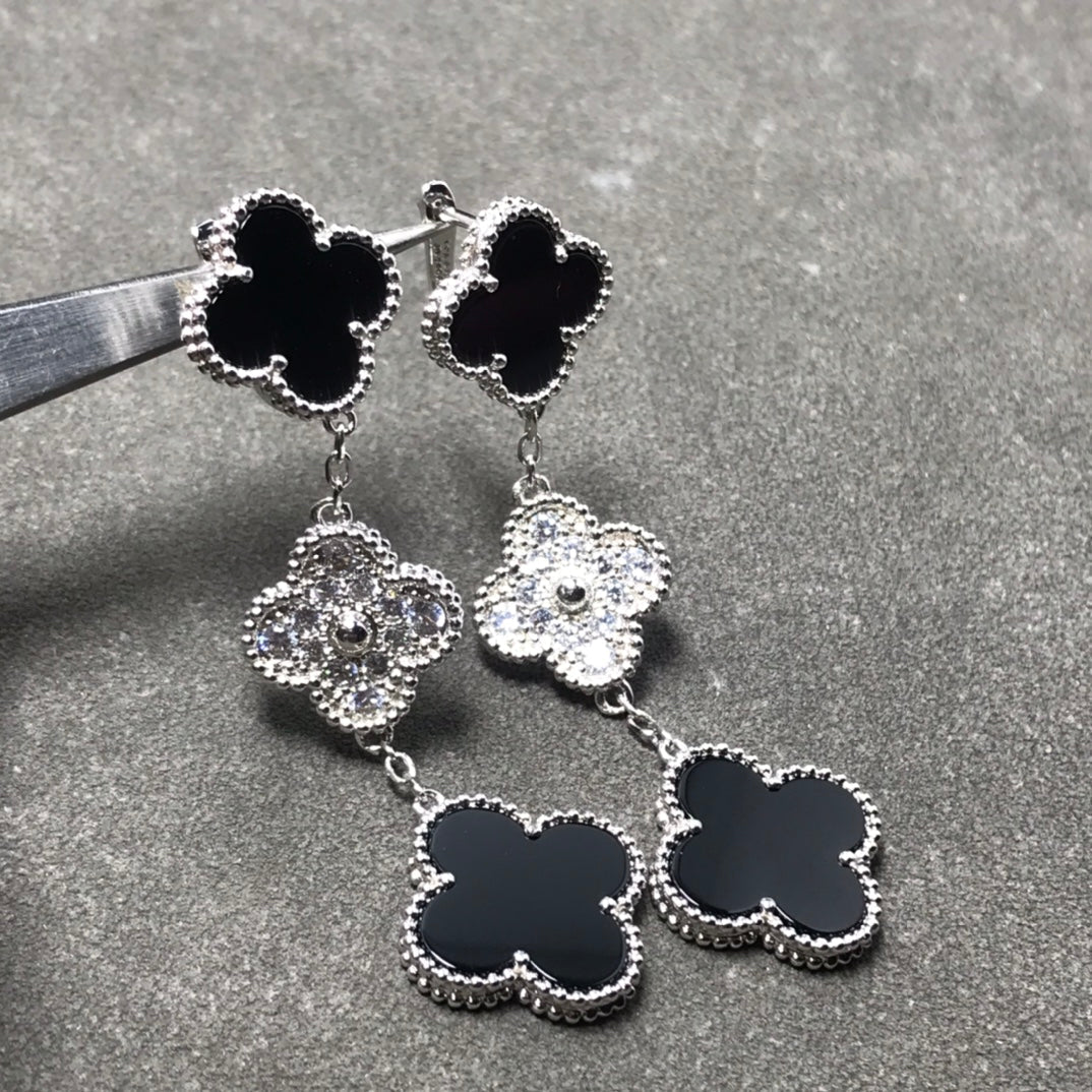 [Revel Jewelry]クローバー 3 モチーフ ダイヤモンド オニキス シルバー イヤリング