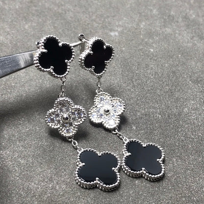 [Revel Jewelry]クローバー 3 モチーフ ダイヤモンド オニキス シルバー イヤリング