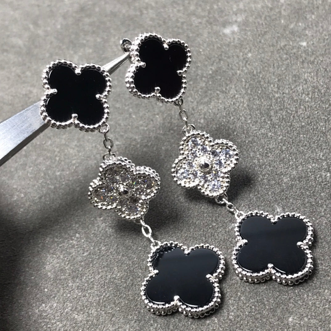[Revel Jewelry]クローバー 3 モチーフ ダイヤモンド オニキス シルバー イヤリング