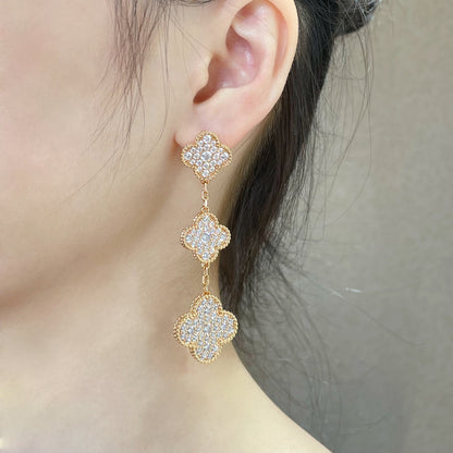 [Revel Jewelry]クローバー 3モチーフ ダイヤモンドパヴェ ローズゴールド＆ゴールドイヤリング