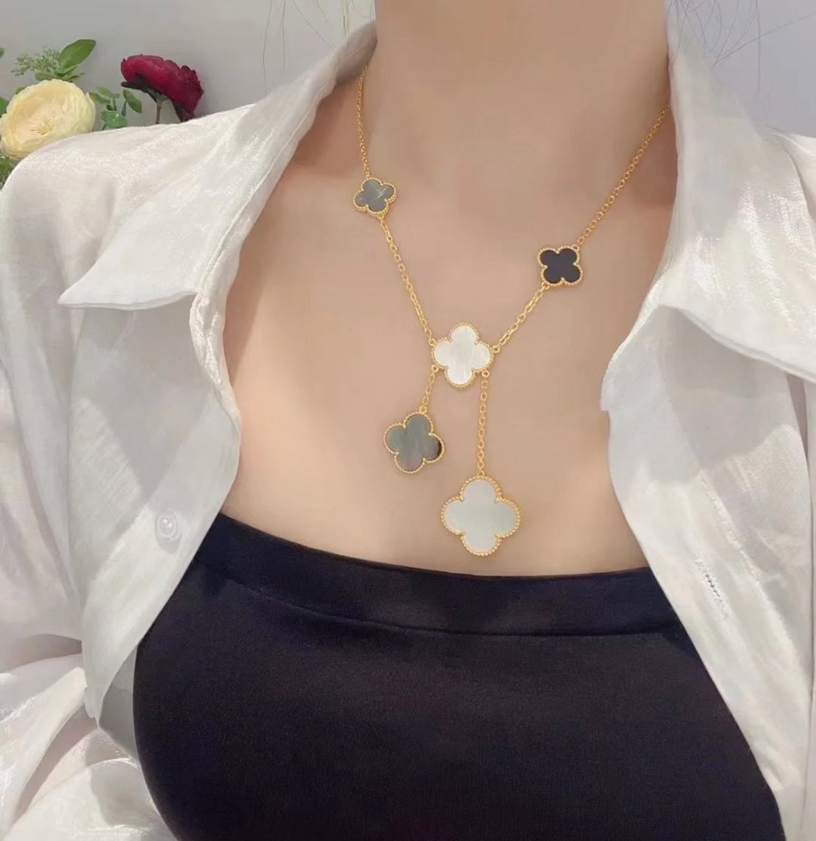 [Revel Jewelry]CLOVER 6 MOTIF MOP ONYX GOLD NECKLACE