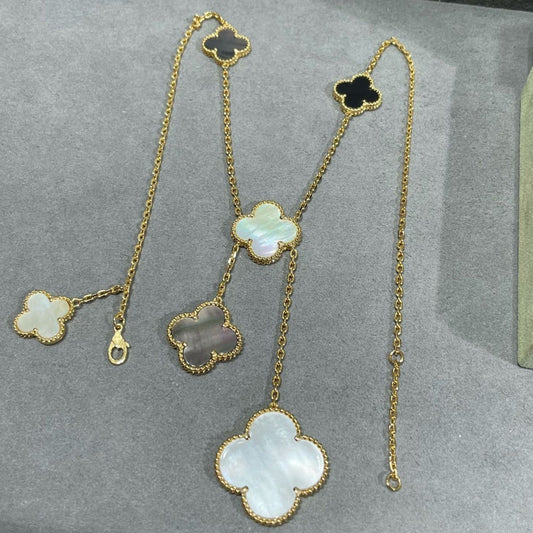 [Revel Jewelry]CLOVER 6 MOTIF MOP ONYX GOLD NECKLACE