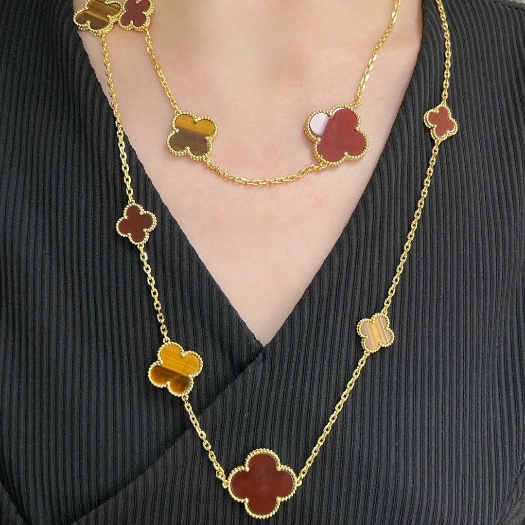 [Revel Jewelry]CLOVER 16 MOTIF CARNELIAN TIGER EYE ROSE GOLD NECKLACE
