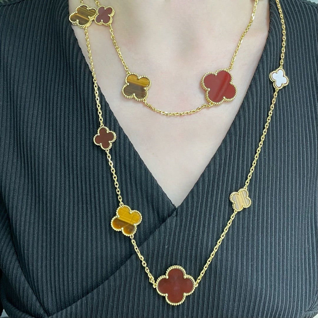 [Revel Jewelry]CLOVER 16 MOTIF CARNELIAN TIGER EYE ROSE GOLD NECKLACE