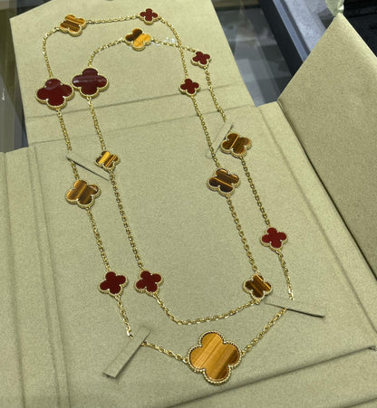 [Revel Jewelry]CLOVER 16 MOTIF CARNELIAN TIGER EYE ROSE GOLD NECKLACE