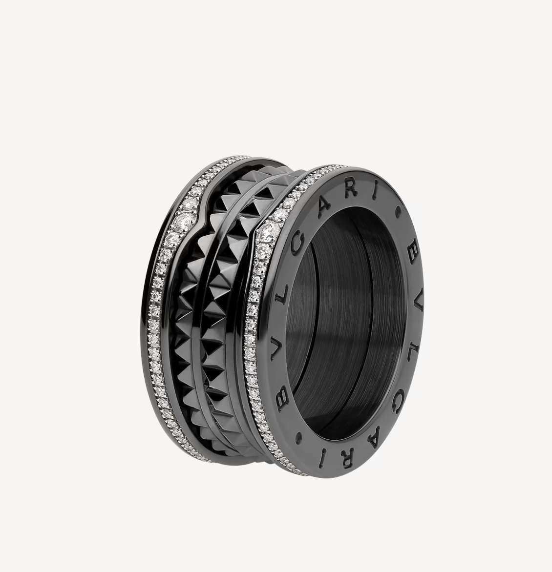 [Revel]ZERO 1 ROCK FOUR-BAND BLACK CERAMIC WITH STUDDED SPIRAL AND PAVED DIAMONDS RING