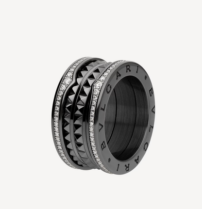 [Revel]ZERO 1 ROCK FOUR-BAND BLACK CERAMIC WITH STUDDED SPIRAL AND PAVED DIAMONDS RING