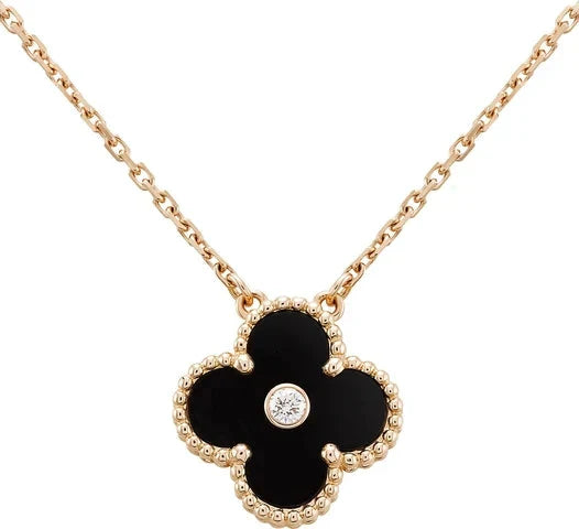[Revel Jewelry]CLOVER 15MM DIAMOND ONYX NECKLACE