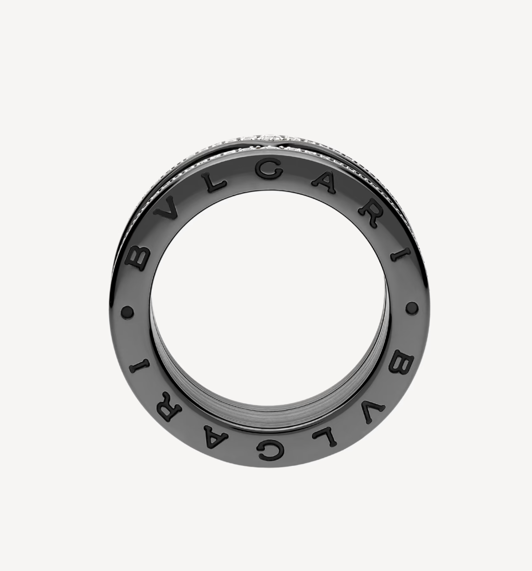 [Revel]ZERO 1 ROCK FOUR-BAND BLACK CERAMIC WITH STUDDED SPIRAL AND PAVED DIAMONDS RING