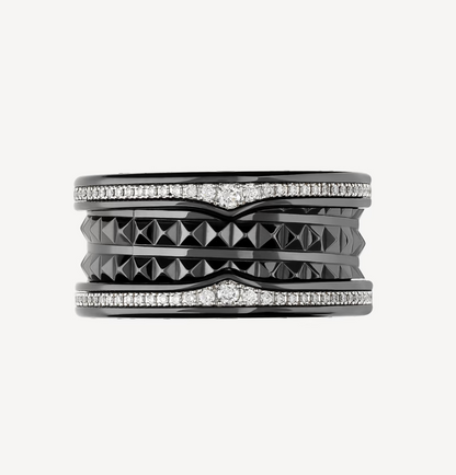 [Revel]ZERO 1 ROCK FOUR-BAND BLACK CERAMIC WITH STUDDED SPIRAL AND PAVED DIAMONDS RING