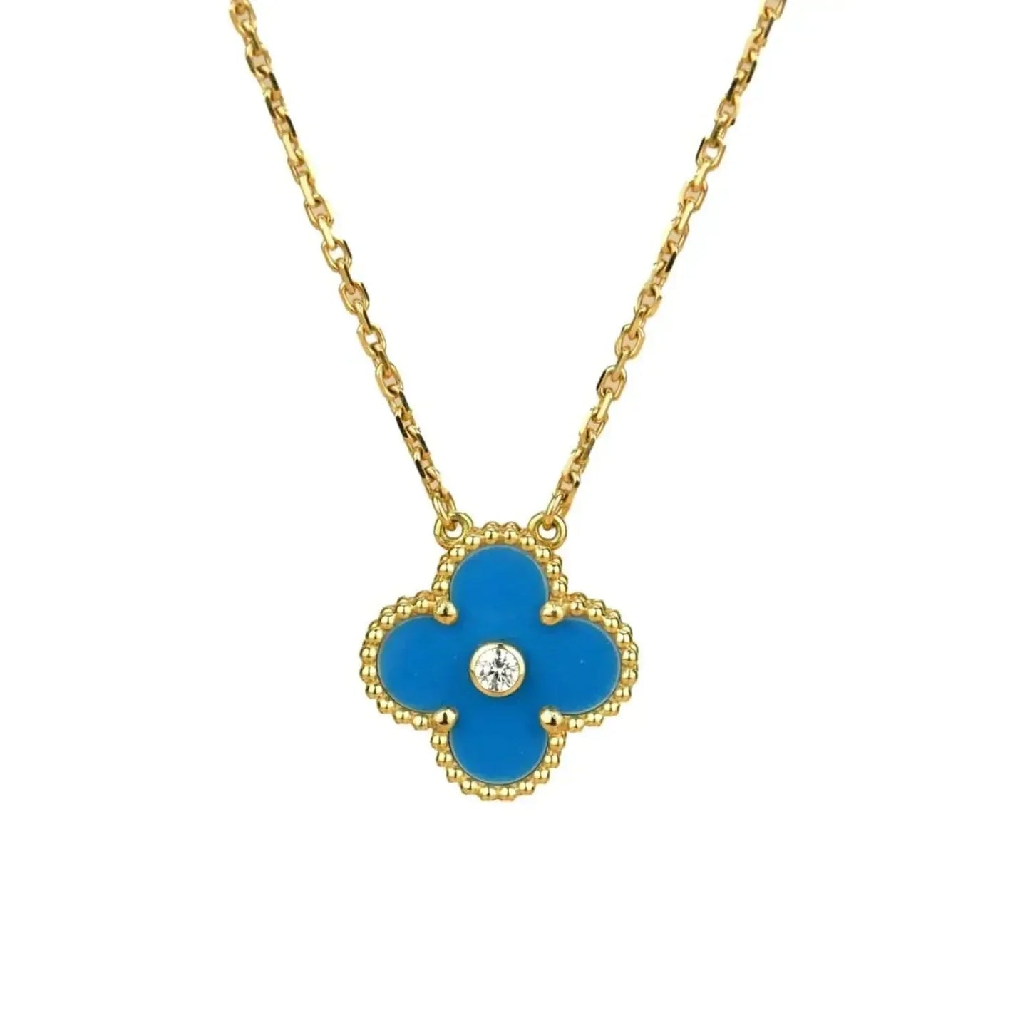 [Revel Jewelry]CLOVER 15MM DIAMOND AND BLUE AGATE NECKLACE