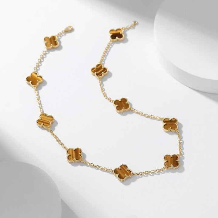 [Revel Jewelry]CLOVER 10 MOTIFS TIGER EYE NECKLACE