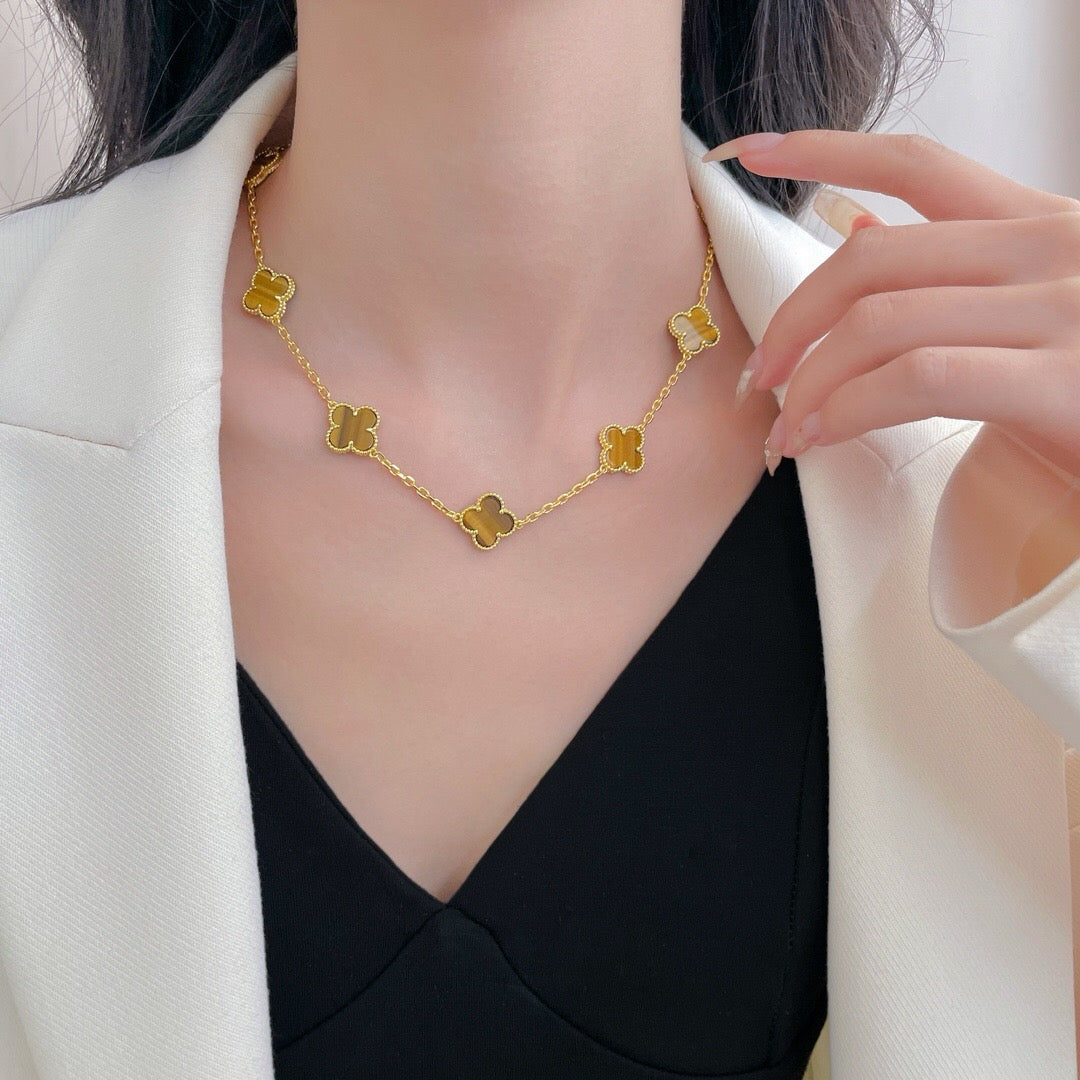 [Revel Jewelry]CLOVER 10 MOTIFS TIGER EYE NECKLACE