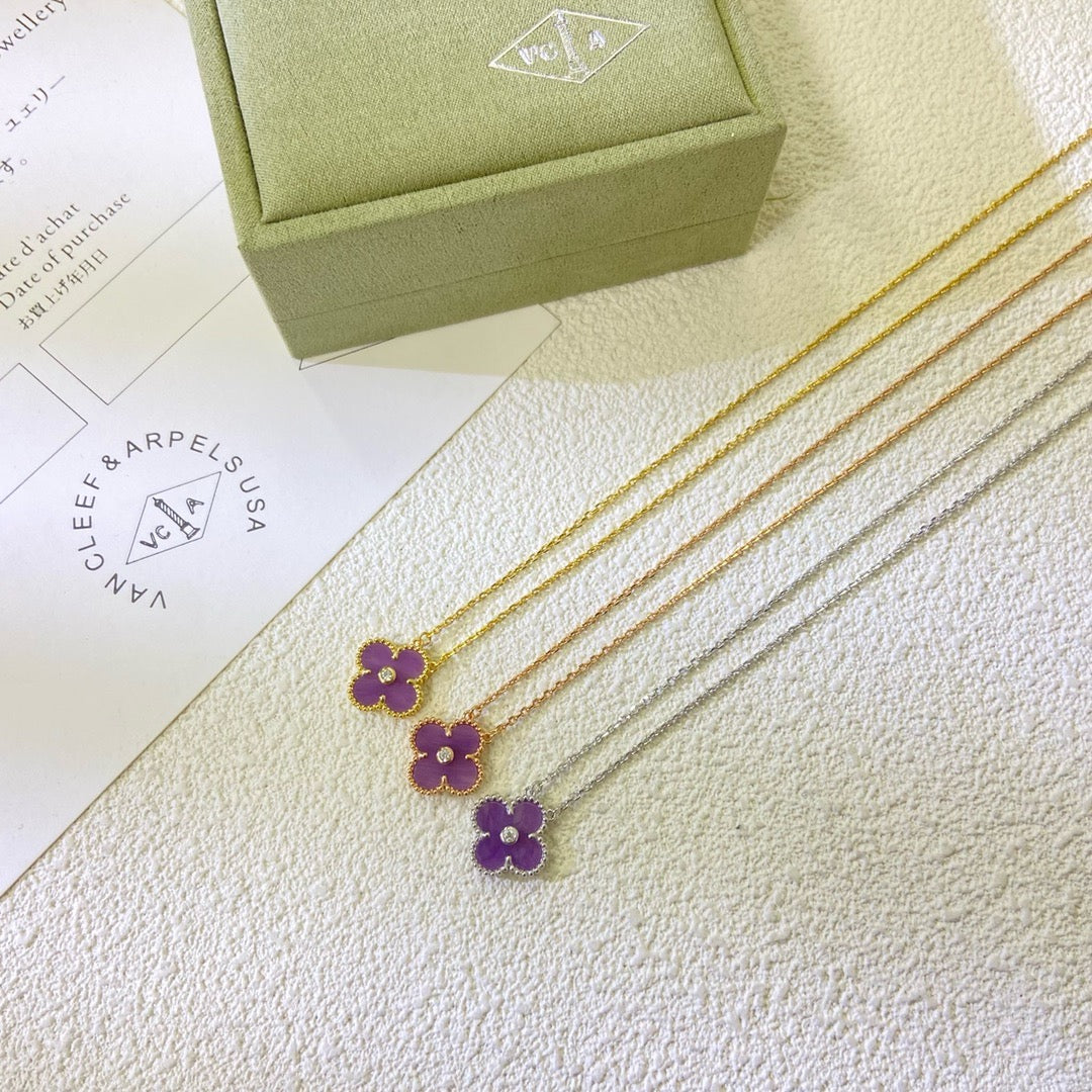 [Revel Jewelry]CLOVER 15MM DIAMOND  PURPLE VIOLET NECKLACE