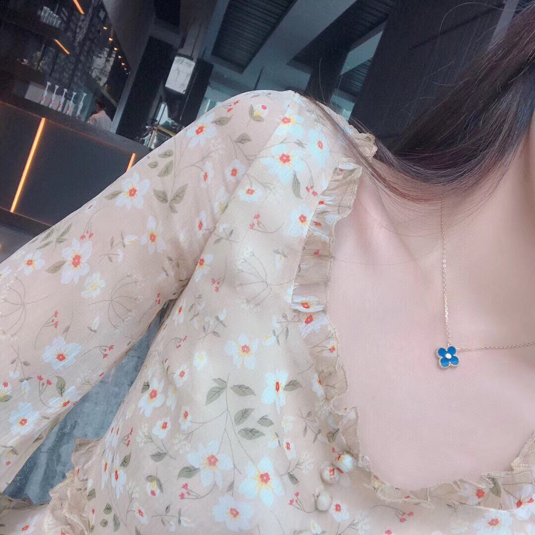 [Revel Jewelry]CLOVER 15MM DIAMOND AND BLUE AGATE NECKLACE