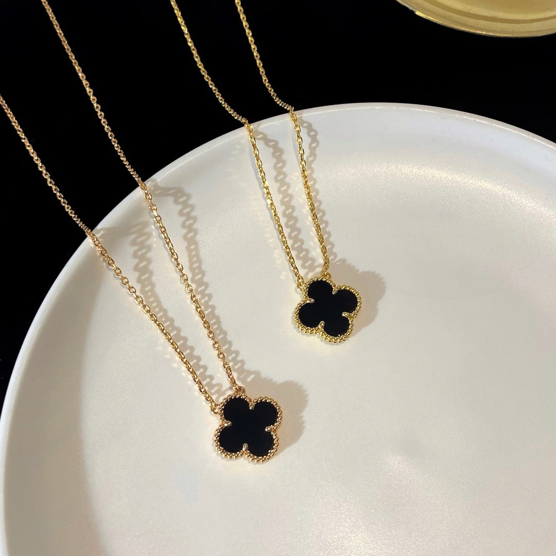 [Revel Jewelry]CLOVER 15MM BLACK ONYX SINGLE FLOWER NECKLACE